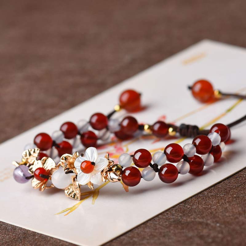Karma Stone Green Aventurine Garnet Bead Flower Petal Luck Bracelet