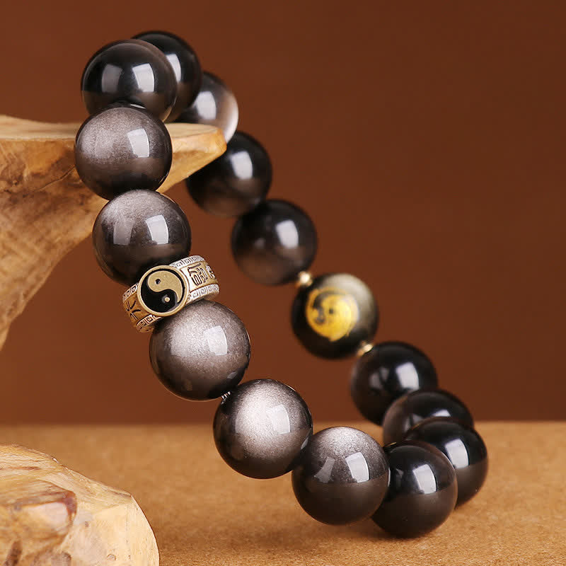 Karma Stone 925 Sterling Silver Black Obsidian Gold Sheen Obsidian Silver Sheen Obsidian Yin Yang Protection Bracelet