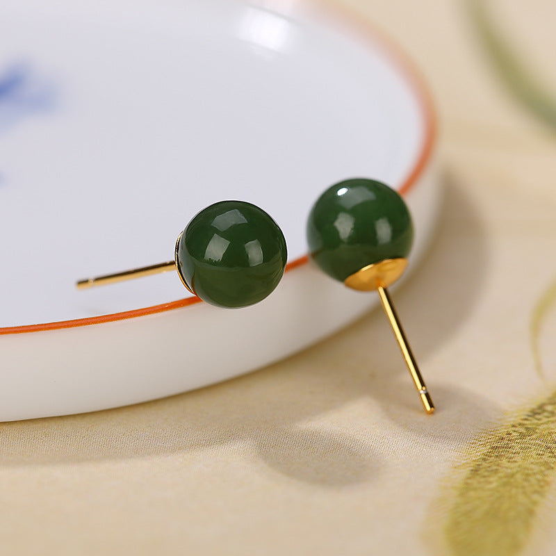 Karma Stone 925 Sterling Silver Round Cyan Jade Healing Calm Stud Earrings
