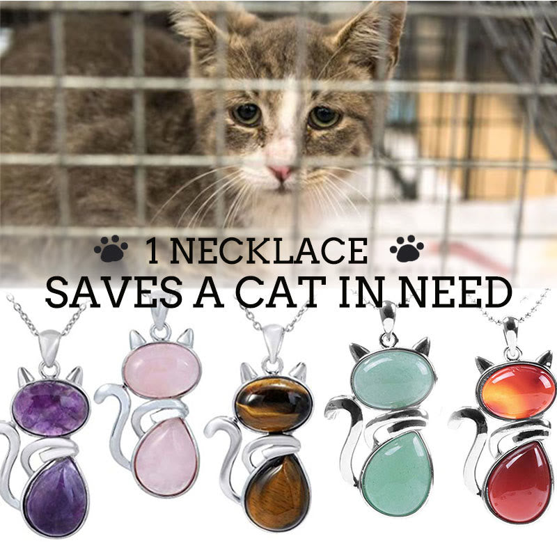 Karma Stone "Save A Cat" Cute Cat Pattern Natural Crystal Protection Cat-Loving Pendant Necklace