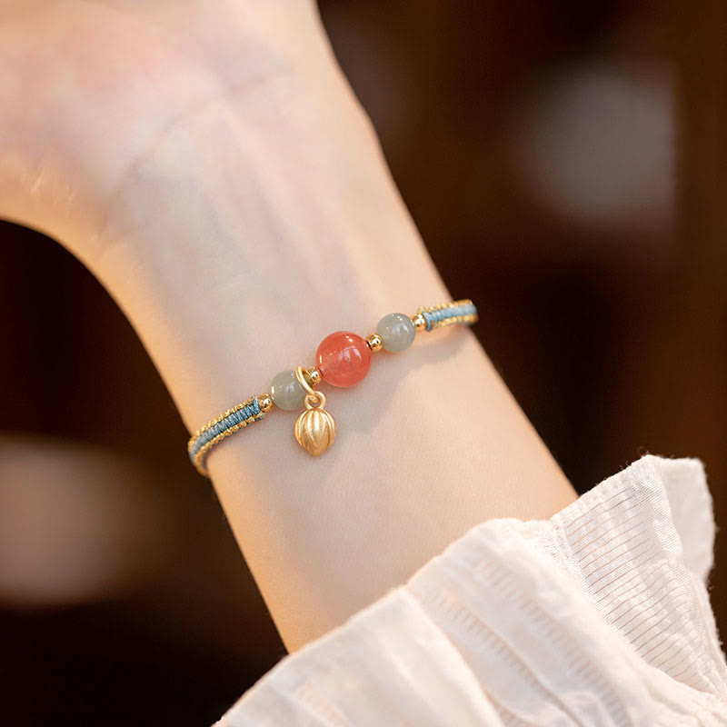 Karma Stone Red Agate Jade Lotus Confidence Calm String Bracelet