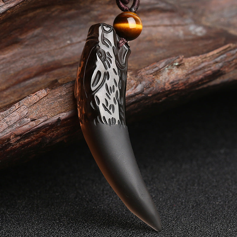 Karma Stone Natural Ice Obsidian Wolf Tooth Pattern Courage Necklace Pendant