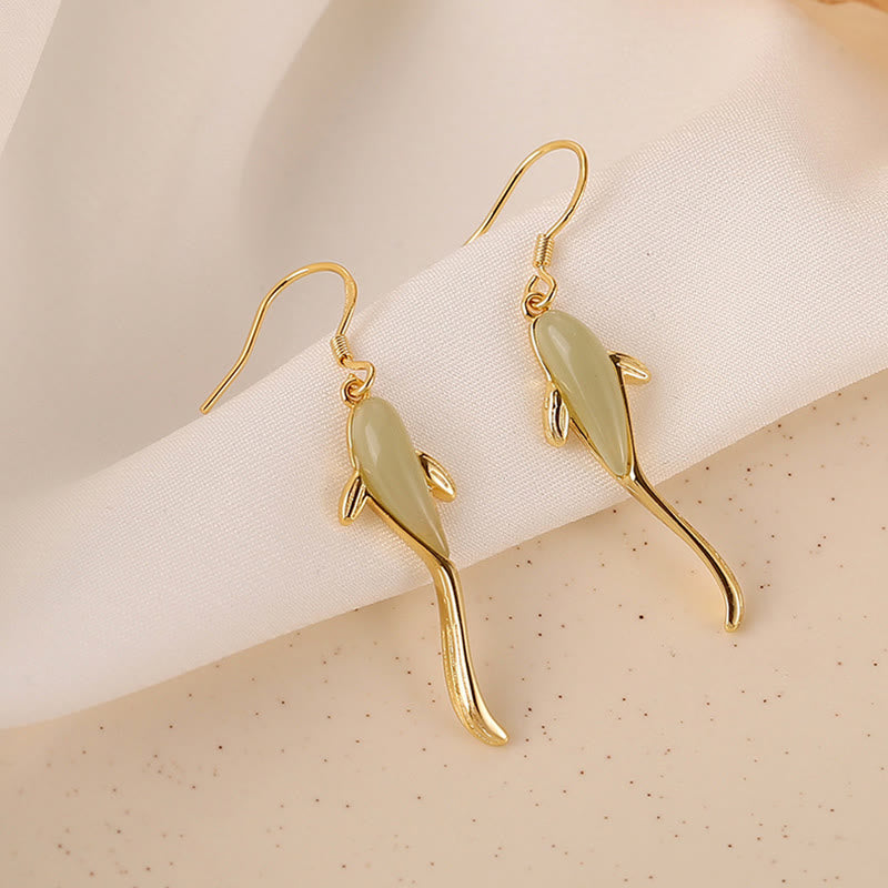 Karma Stone Fish Pattern Jade Luck Dangle Drop Earrings