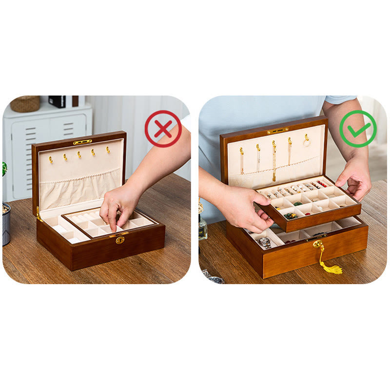 Karma Stone Vintage Wooden Jewelry Box Two-Layer Solid Wood Jewelry Storage Box
