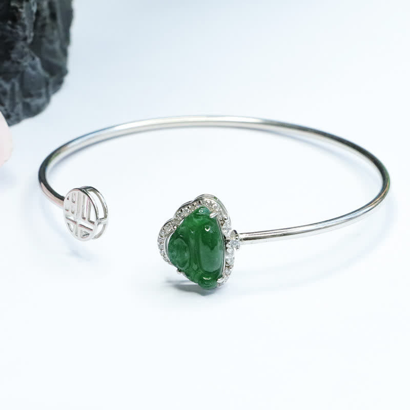 Karma Stone 925 Sterling Silver Laughing Buddha Jade Luck Bracelet Bangle