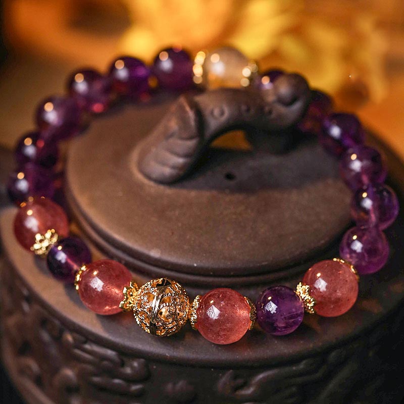 Karma Stone Natural Citrine Amethyst Rutilated Quartz Prosperity Protection Bracelet