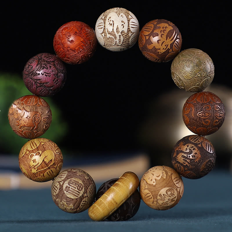 Karma Stone Chinese Zodiac Rosewood Green Sandalwood Ebony Wood Copper Coin Carved Calm Bracelet