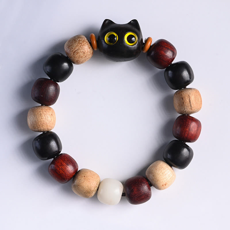 Karma Stone Small Leaf Red Sandalwood Ebony Wood Cute Cat Engraved Protection Bracelet