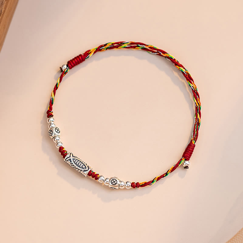 Karma Stone 925 Sterling Silver Luck Koi Fish Braided Colorful String Bracelet Anklet