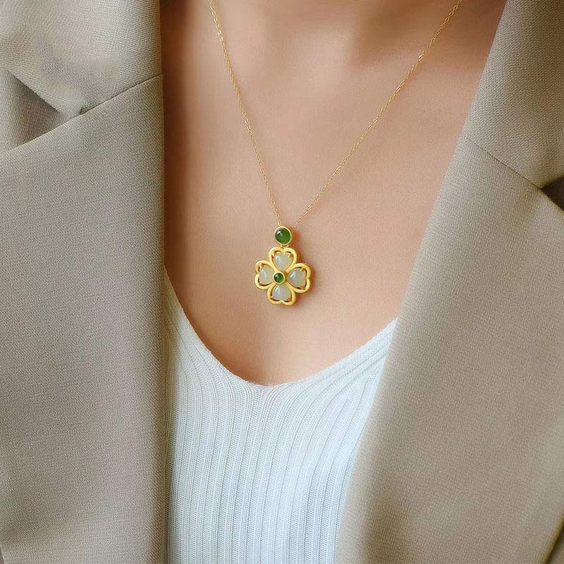 Karma Stone 925 Sterling Silver Lucky Four Leaf Clover Jade Prosperity Necklace Chain Pendant