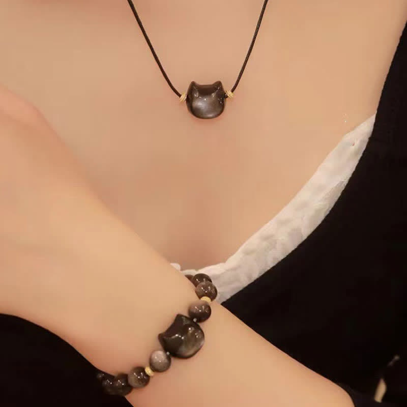 Karma Stone Gold Sheen Obsidian Silver Sheen Obsidian Lovely Paw Lucky Cat Protection Bracelet