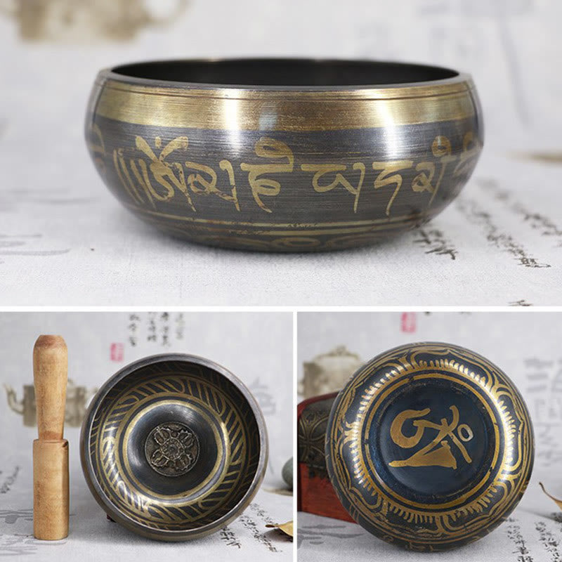 Karma Stone Tibetan Meditation Bowl for Healing and Mindfulness Om Mani Padme Hum Singing Bowl