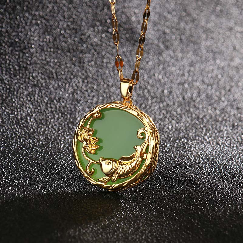 Karma Stone Natural Jade Koi Fish Lotus Luck Necklace Pendant