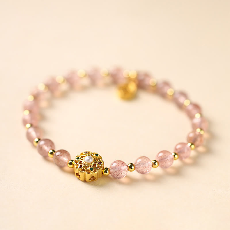 Karma Stone 14K Gold Plated Natural Strawberry Quartz Labradorite Sun Stone Fu Character Positive Charm Bracelet