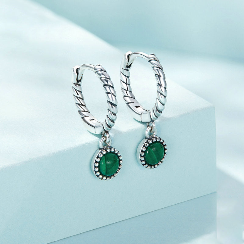 Karma Stone 925 Sterling Silver Round Malachite Anti-Anxiety Drop Earrings
