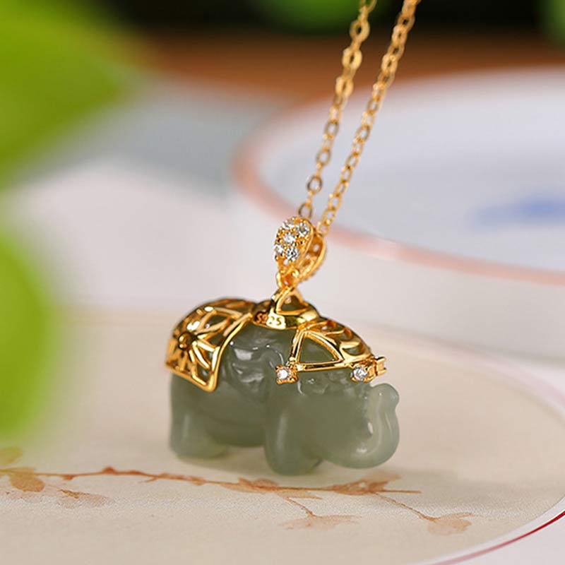 Karma Stone 925 Sterling Silver Jade Elephant Blessing Fortune Necklace Chain Pendant