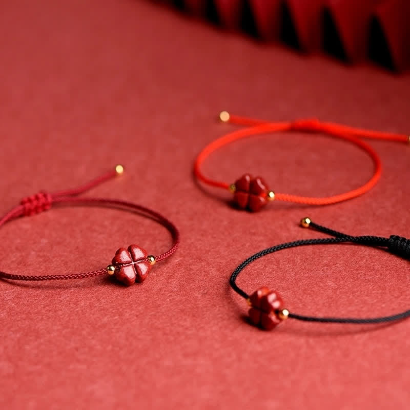 Karma Stone Natural Cinnabar Four Leaf Clover Blessing Red String Bracelet Anklet