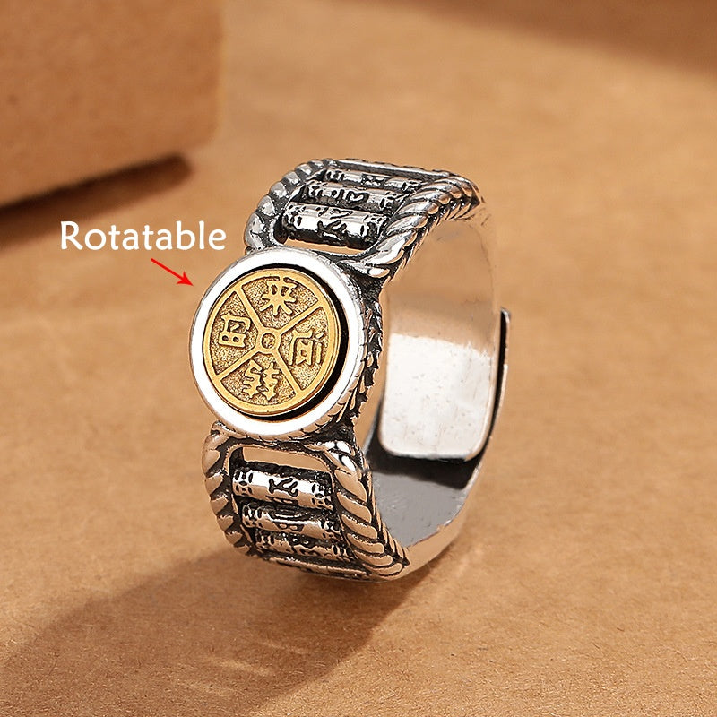 Karma Stone Tibetan Om Mani Padme Hum Carved Design Copper Coin Purity Rotatable Ring