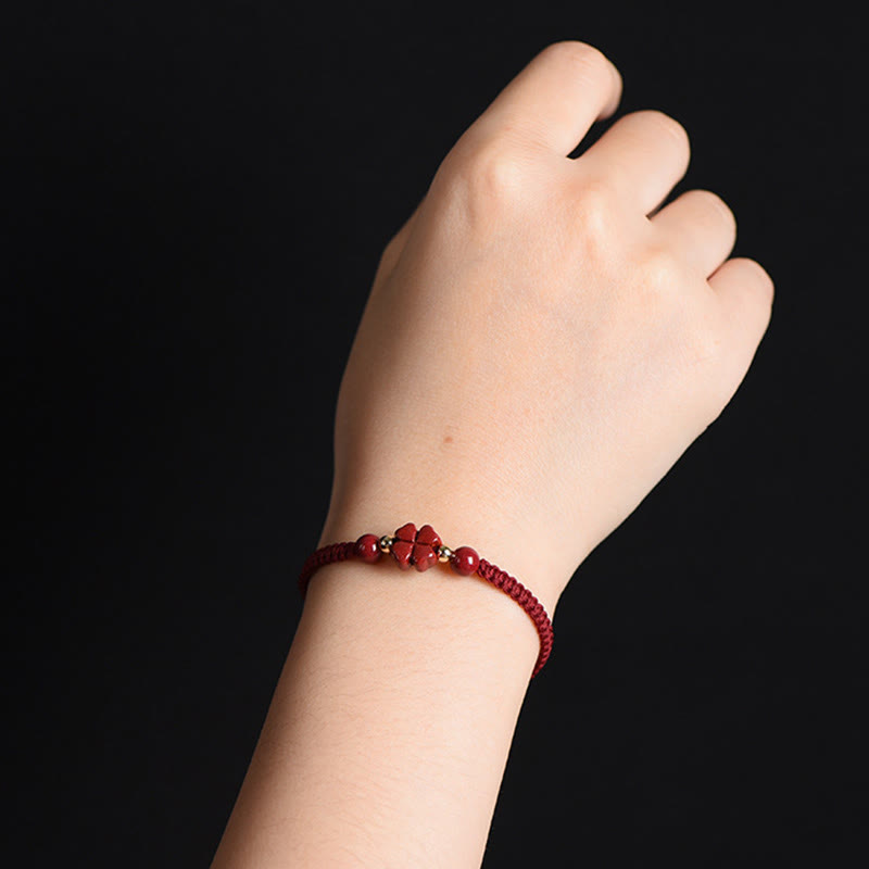 Karma Stone Four Leaf Clover Five-petal Flower Cinnabar Blessing Red String Bracelet