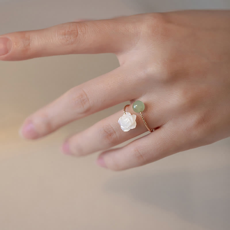 Karma Stone 14K Gold Plated Tridacna Stone Rose Flower Jade Bead Blessing Ring