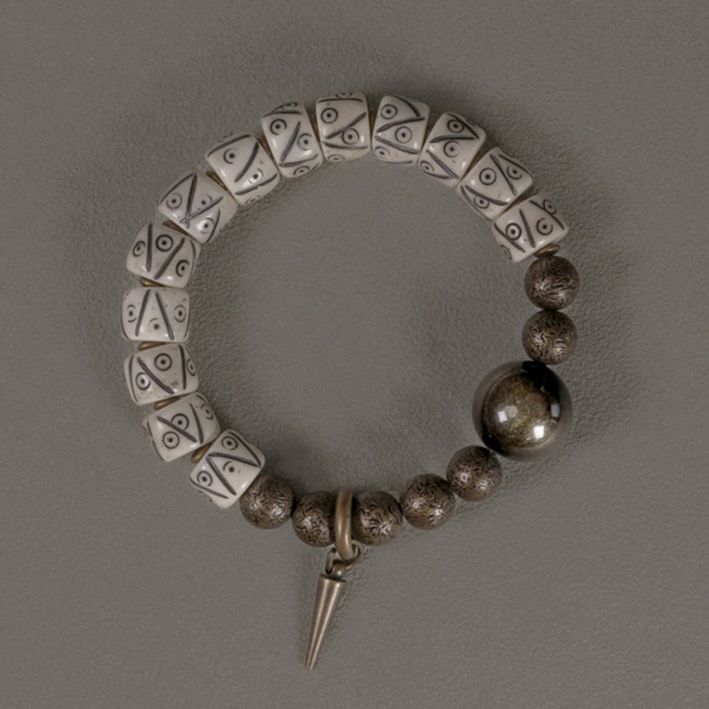 Karma Stone Tibetan Yak Bone Gold Sheen Obsidian Brass Bead Strength Bracelet