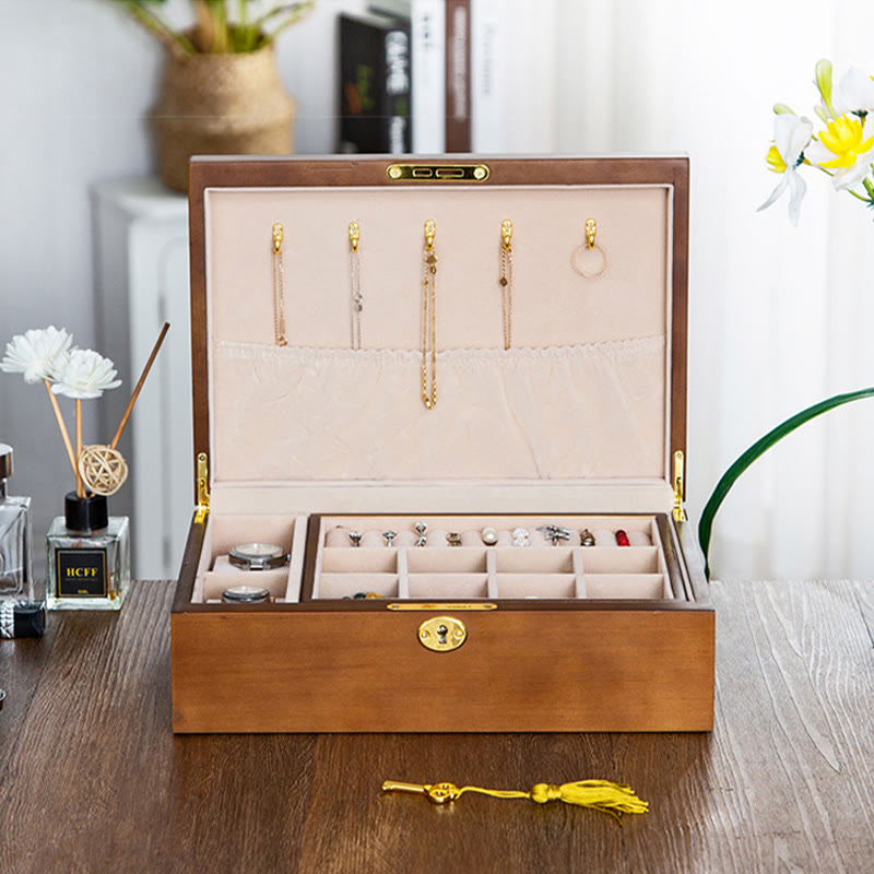 Karma Stone Vintage Wooden Jewelry Box Two-Layer Solid Wood Jewelry Storage Box