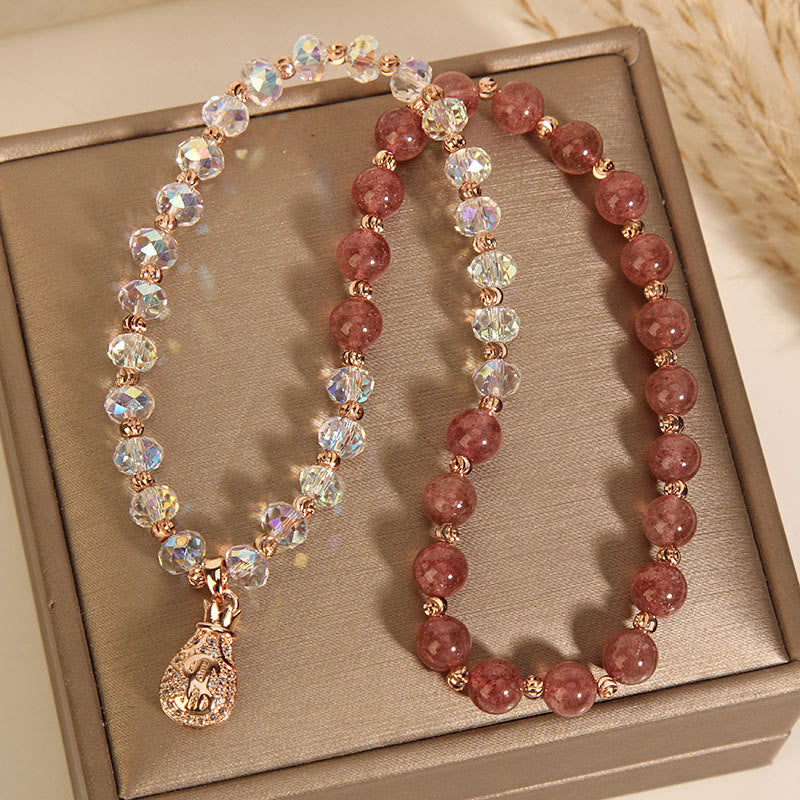 Karma Stone Strawberry Quartz White Crystal Money Bag Charm Positive Bracelet