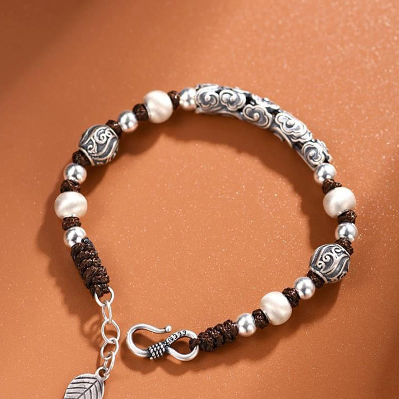 Karma Stone Tibet Handmade Copper 999 Sterling Silver Auspicious Cloud Wealth String Bracelet