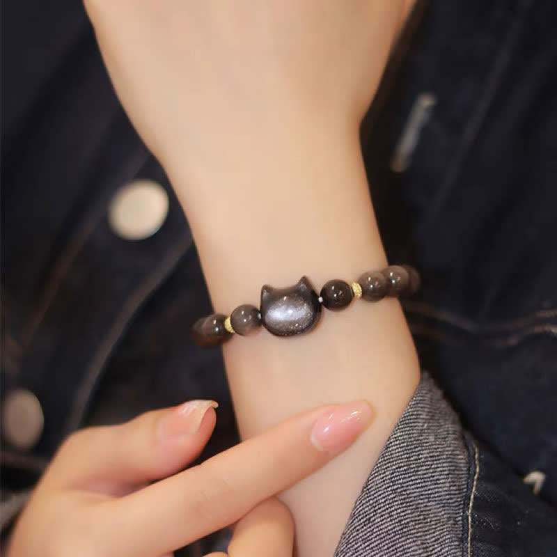 Karma Stone Gold Sheen Obsidian Silver Sheen Obsidian Lovely Paw Lucky Cat Protection Bracelet