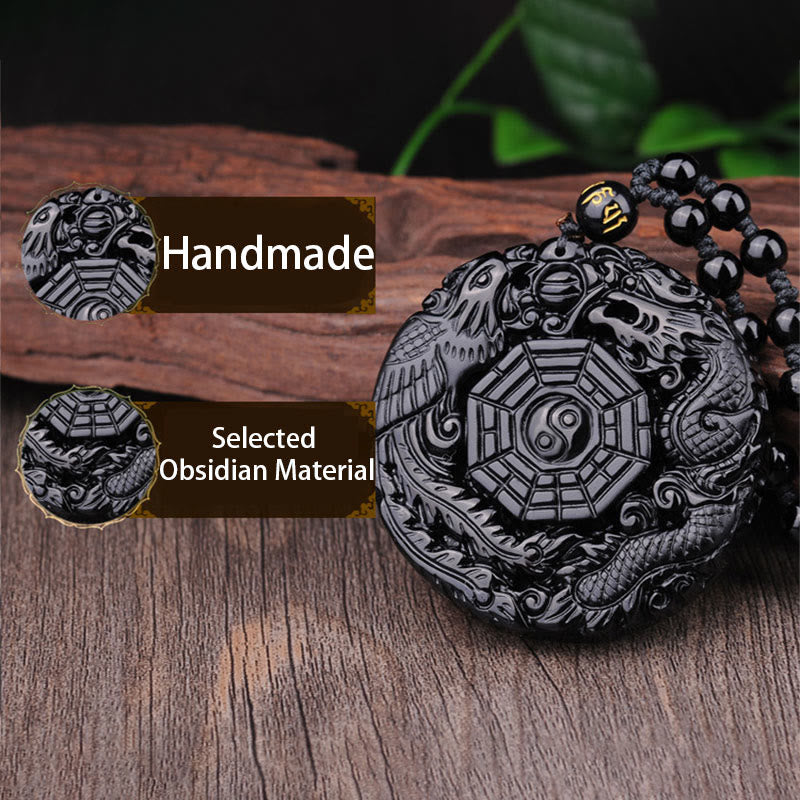 Karma Stone Bagua Dragon Phoenix Obsidian Fulfilment Pendant Necklace