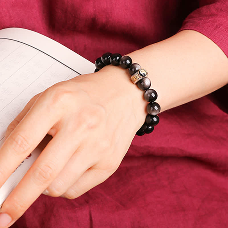 Karma Stone 925 Sterling Silver Black Obsidian Gold Sheen Obsidian Silver Sheen Obsidian Yin Yang Protection Bracelet