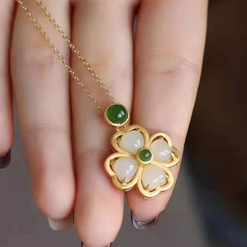 Karma Stone 925 Sterling Silver Lucky Four Leaf Clover Jade Prosperity Necklace Chain Pendant