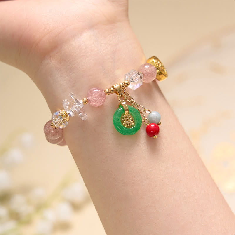 Karma Stone Strawberry Quartz Jade Fu Character Charm Healing Bracelet