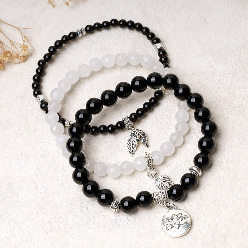 Karma Stone 3PCS Natural Quartz Crystal Beaded Healing Energy Lotus Bracelet