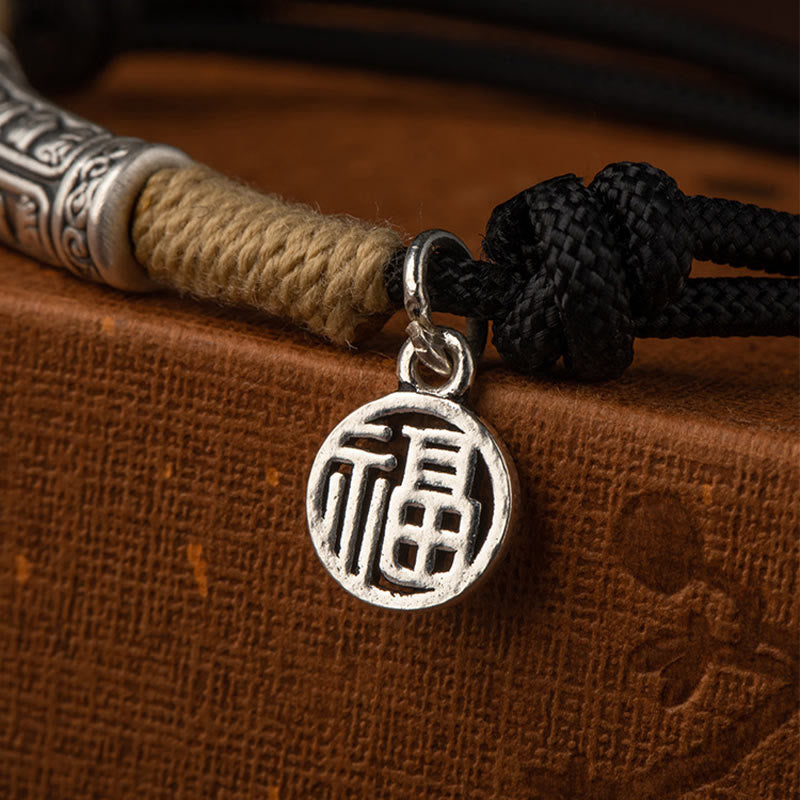 Karma Stone 999 Sterling Silver Tibet Handmade Om Mani Padme Hum Fu Character TopRank Character Luck Braided Bracelet