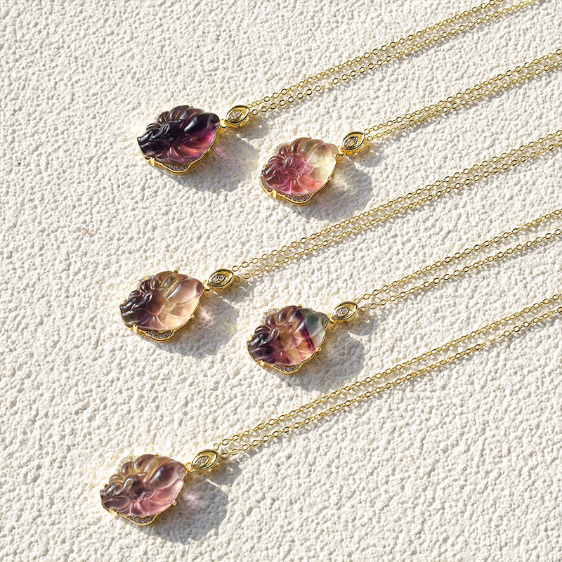 Karma Stone Natural Colorful Fluorite Nine Tailed Fox Protection Necklace Pendant
