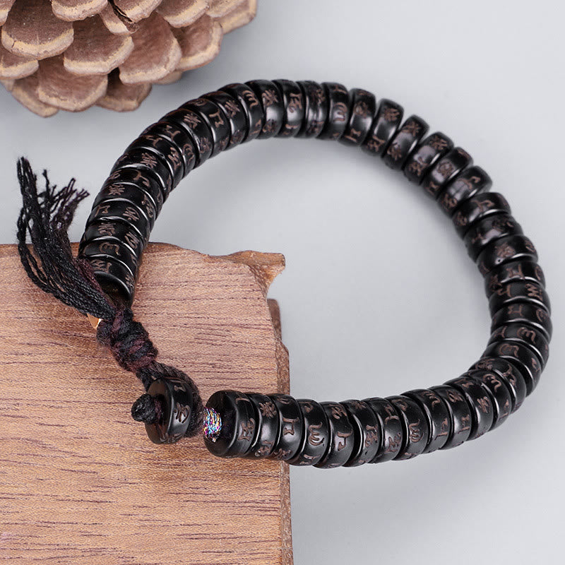 Karna Stone Tibetan Coconut Shell Beads Engraved Om Mani Padme Hum Mantra Positive String Bracelet
