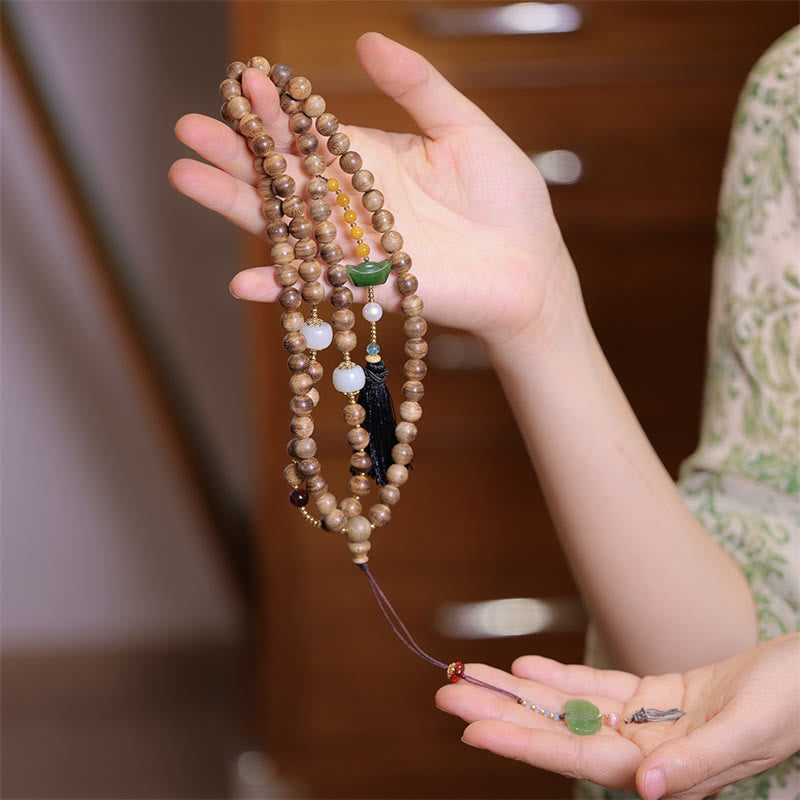Karma Stone Natural Agarwood Amber Jade Ingot Tassel Ruyi Charm Bracelet
