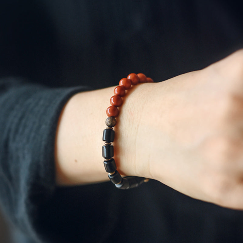 Karma Stone Ebony Wood Red Jasper Moss Agate Crystal Copper Peace Couple Bracelet