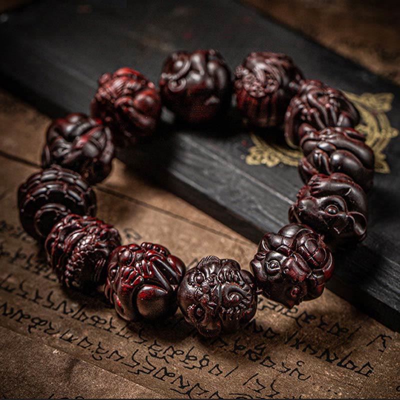 Karma Stone Chinese Zodiac Engraved Small Leaf Red Sandalwood Protection Bracelet