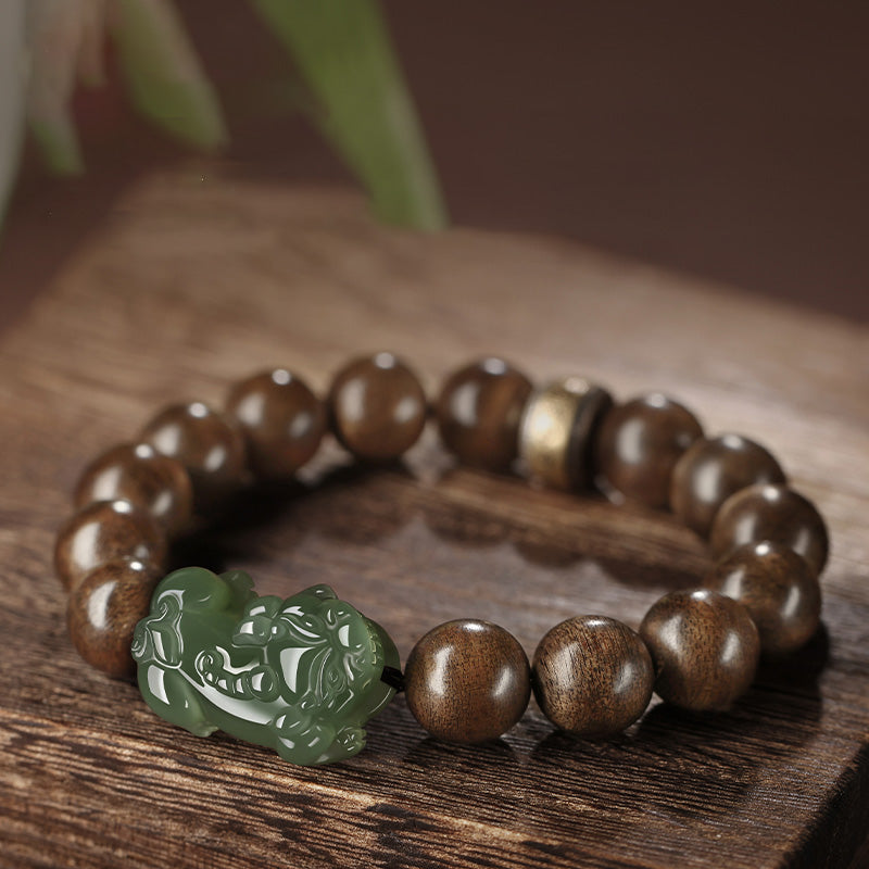 Karma Stone 925 Sterling Silver Brunei Agarwood PiXiu Jade Peace Strength Bracelet