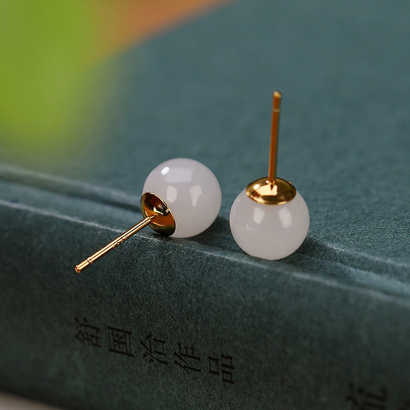 Karma Stone 925 Sterling Silver Round White Jade Blessing Stud Earrings