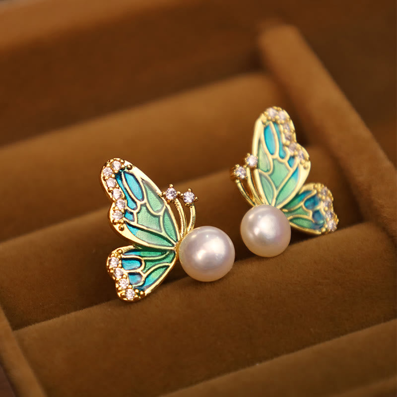 Karma Stone 925 Sterling Silver Posts 18K Gold Plated Copper Natural Pearl Butterfly Healing Stud Earrings