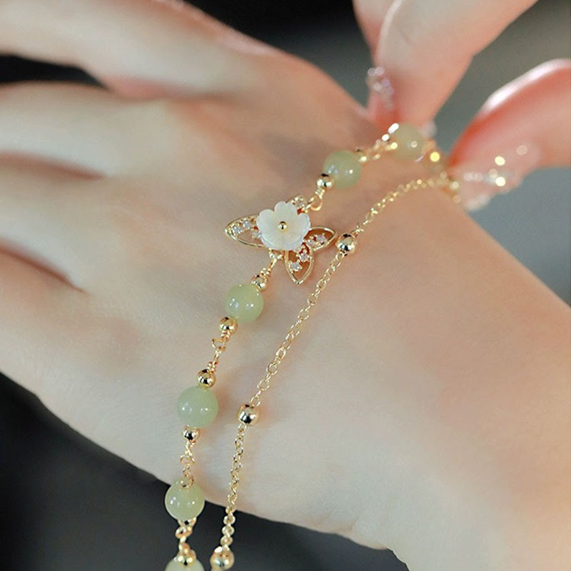 Karma Stone 14K Gold Plated Jade Butterfly Tridacna Stone Flower Double Layer Luck Bracelet