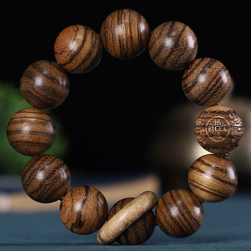Karma Stone Chinese Zodiac Rosewood Green Sandalwood Ebony Wood Copper Coin Carved Calm Bracelet