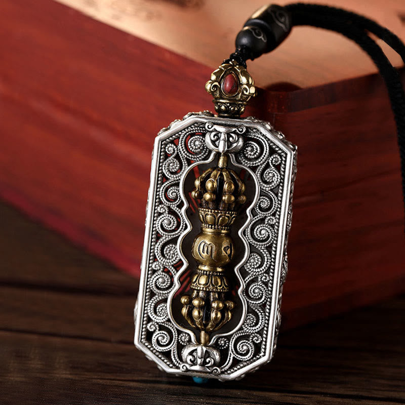 Karma Stone Tibetan Om Mani Padme Hum Carved Dorje Vajra Rotatable Lotus Pattern Purity Rope Necklace Pendant