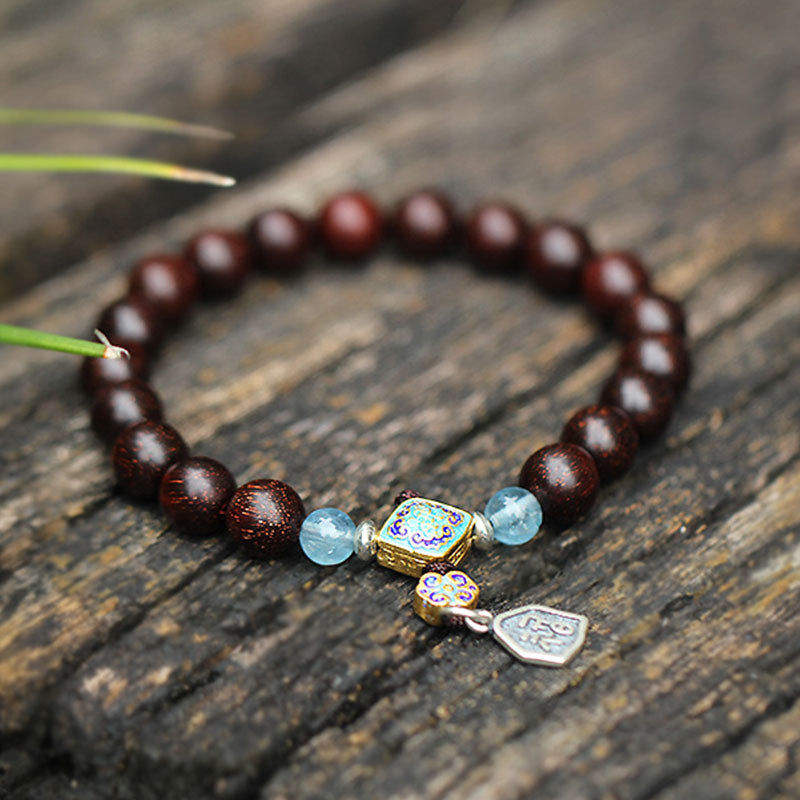 Karma Stone 925 Sterling Silver Indian Small Leaf Red Sandalwood Aquamarine Full of Gold Star Chinese Knotting Blessing Bracelet
