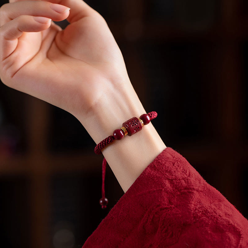 Karma Stone Tibet Cinnabar Om Mani Padme Hum Engraved Blessing Braided Bracelet
