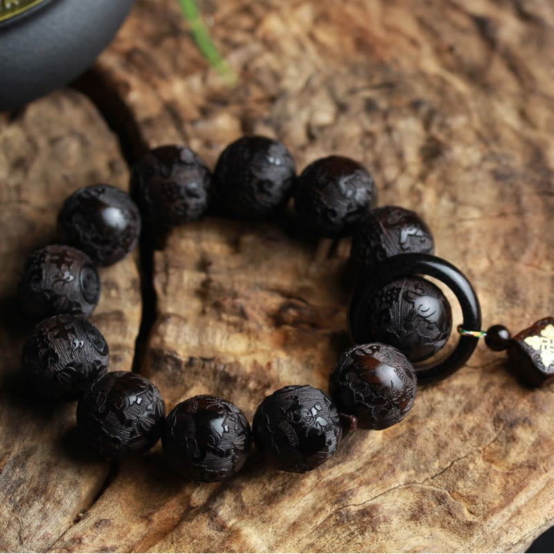 Karma Stone Ebony Wood Chinese Character Yin Yang Engraved Gourd Balance Bracelet