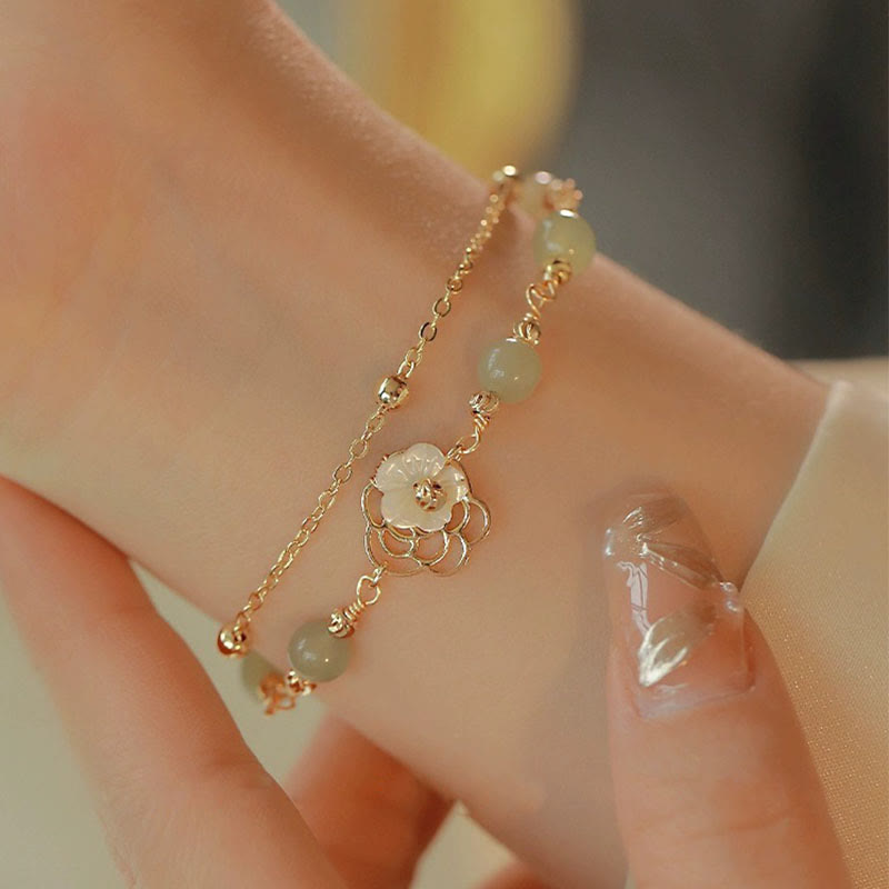 Karma Stone 14K Gold Plated Jade Butterfly Tridacna Stone Flower Double Layer Luck Bracelet